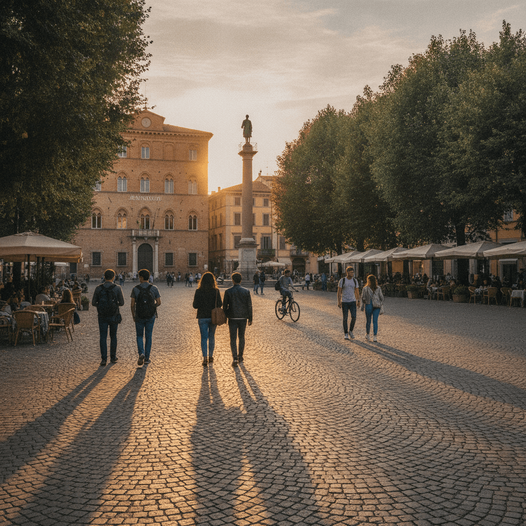 Piazza Aurelio Saffi a Forlì al tramonto con studenti Erasmus e il Palazzo del Municipio