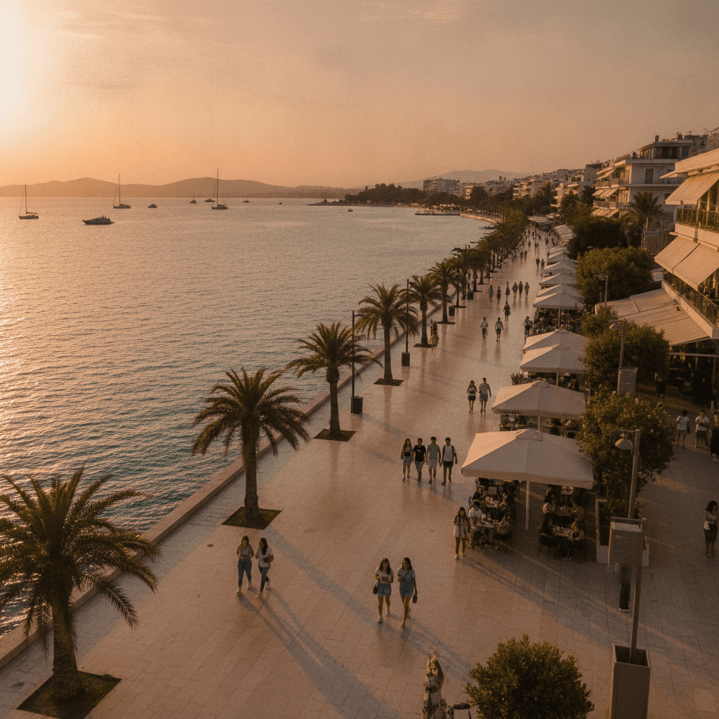 Lungomare di Glyfada con acque turchesi dell'Egeo e passeggiata universitaria al tramonto