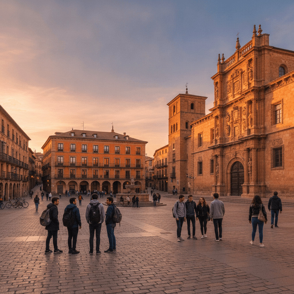 Studenti Erasmus a Salamanca passano per la Plaza Mayor, centro storico universitario con architettura rinascimentale dorata