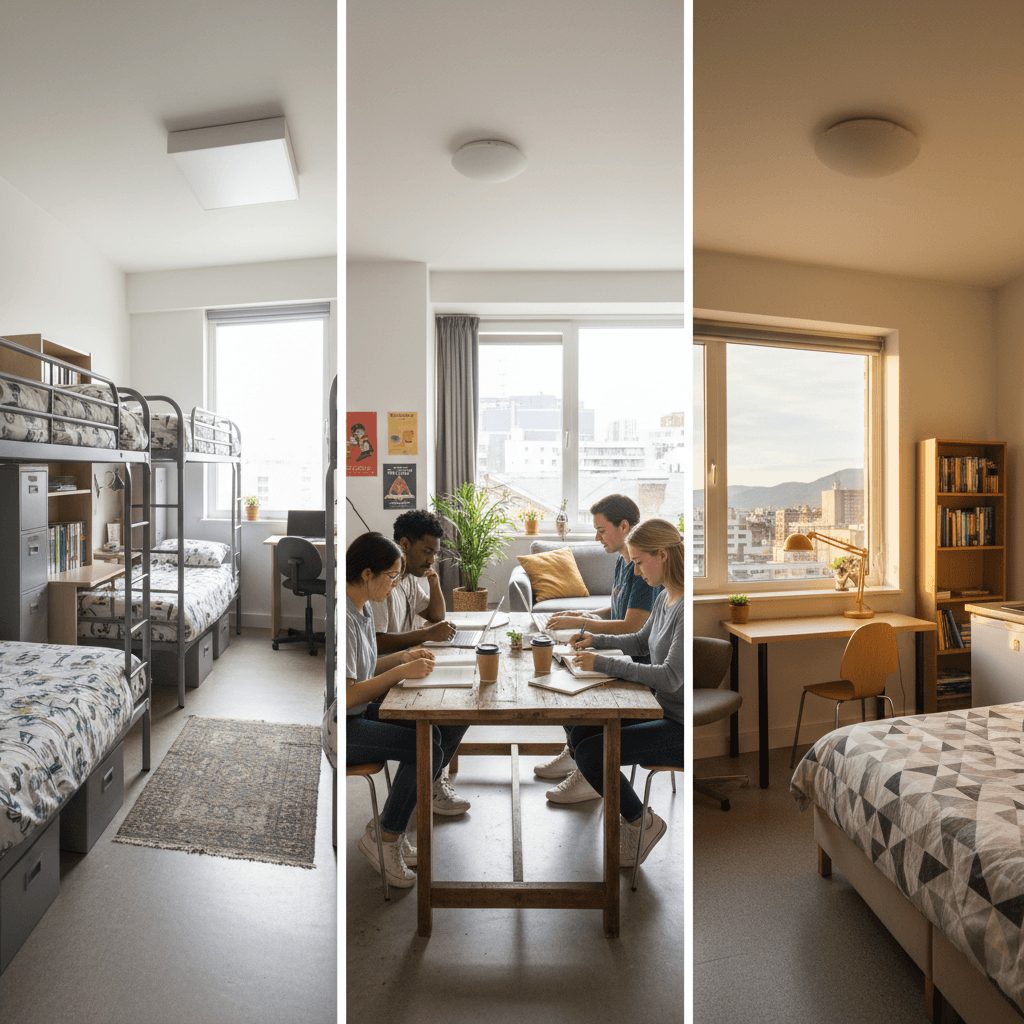The three accommodation options for Erasmus students: university residence, shared apartment, and private room
