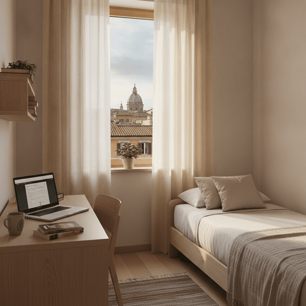 Camera singola arredata per studenti a Roma con vista sui tetti della città, prezzi affitti student housing Roma