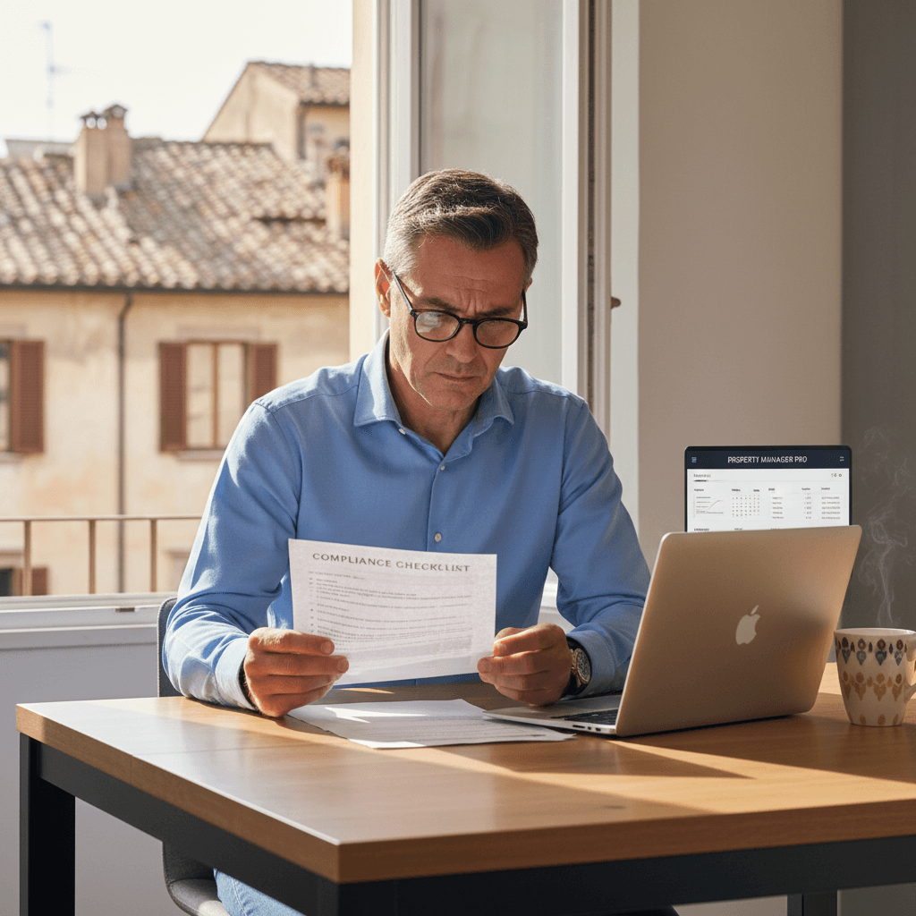 Landlord reviewing short-term rental compliance obligations for student lettings in 2026 with a checklist and laptop