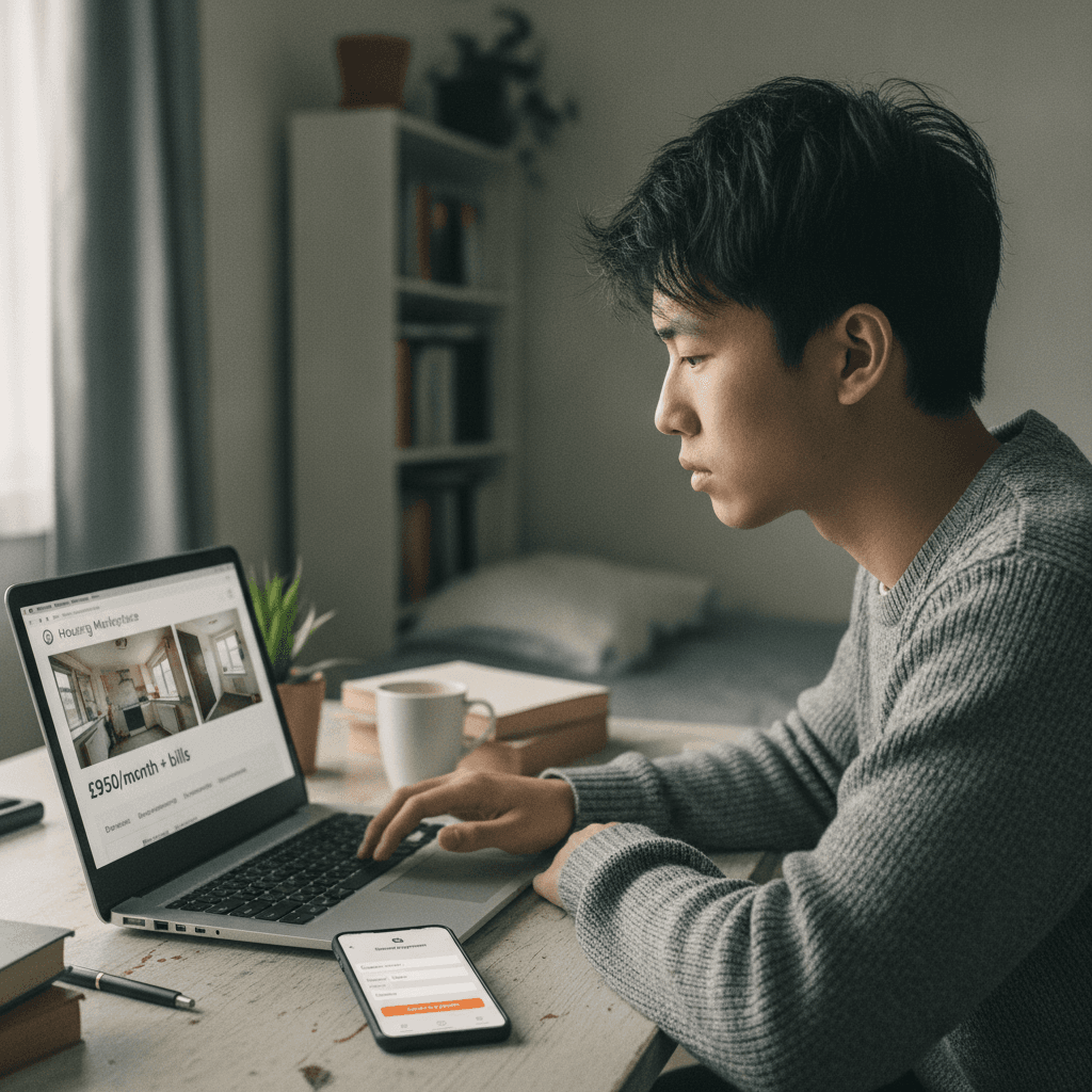 Erasmus student checking student room listings in Madrid on a laptop to avoid rental scams