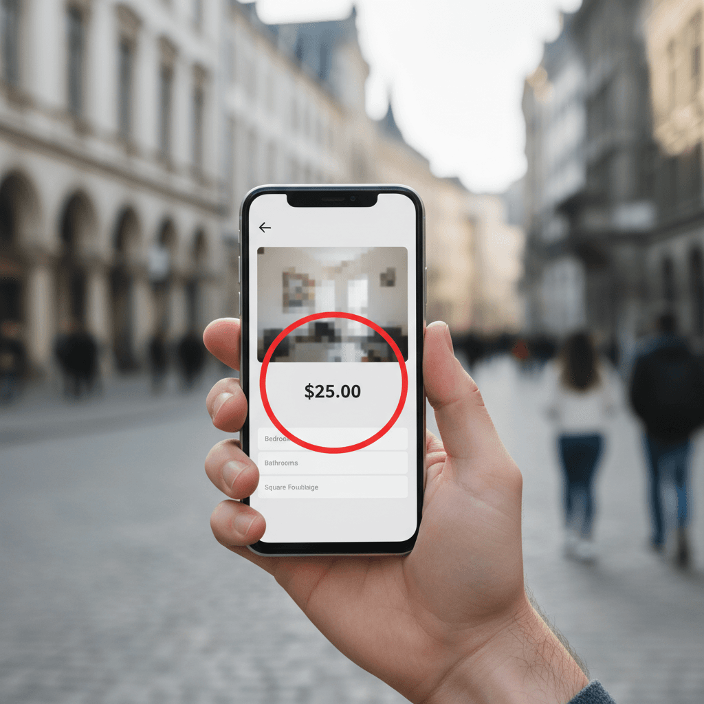 Smartphone showing a suspicious rental listing with an unusually low price — a common red flag in Erasmus rental scams